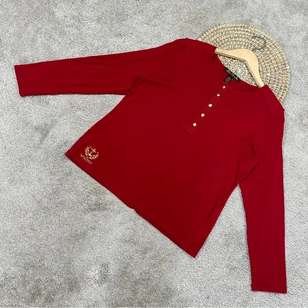 Lauren Ralph Lauren Henley Top Shirt Longsleeve Cotton Logo Embroidery in Red L - Image 2