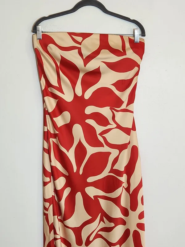 House of Harlow Red and Cream Tropical Print Satin Strapless Maxi Dress Size Med - Image 3