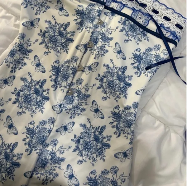 Blue and White Floral Lace Mini Dress - Image 2