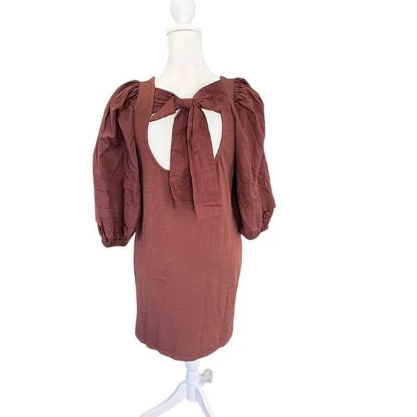 Nation LTD Calissa Brown Cotton Puff Sleeve Open Back Bow Mini Dress NWT XS - Image 9