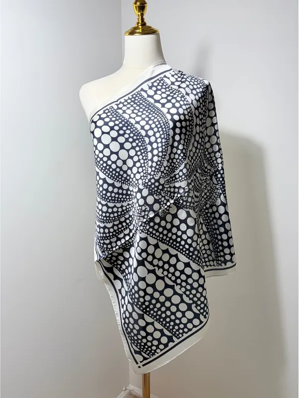 Women's Black and White Polka Dot Satin Polyester Scarf, - Image 2