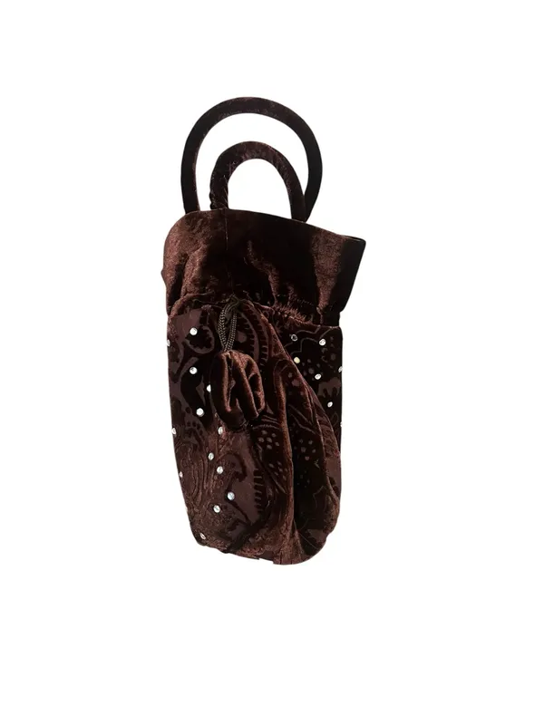 Rich Brown Velvet Drawstring Bucket Bag Ornate Tonal Paisley Rhinestones - Image 6