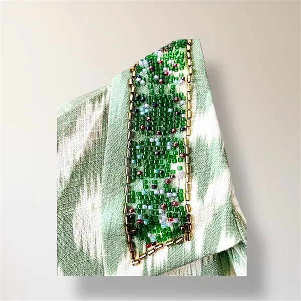 ZARA Green Cream Ikat Oversized Beaded‎ Collar Linen Blend Boho Coastal Shirt XS - Image 6