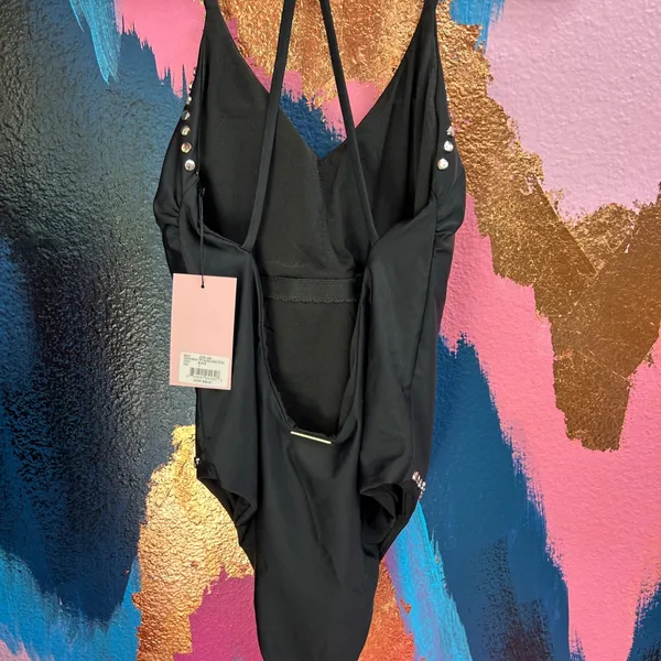 Juicy Couture Women Large One Piece Swimsuit Black Studded Strappy Back‎ New - Image 4