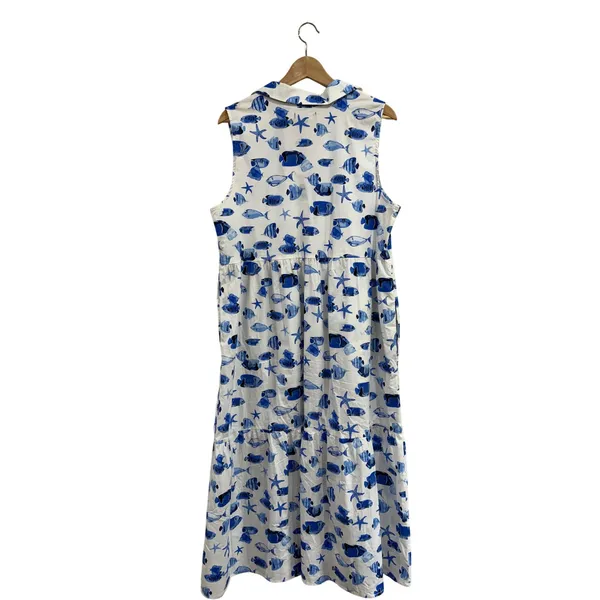 Rachel Zoe Blue White Tropical Fish Starfish Print Tiered Midi Shirt Dress XL - Image 3
