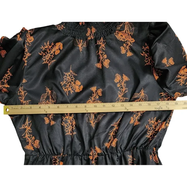 NWT Floerns Womens Cottagecore Dress Black Orange Floral Smocked Mock Neck L - Image 6