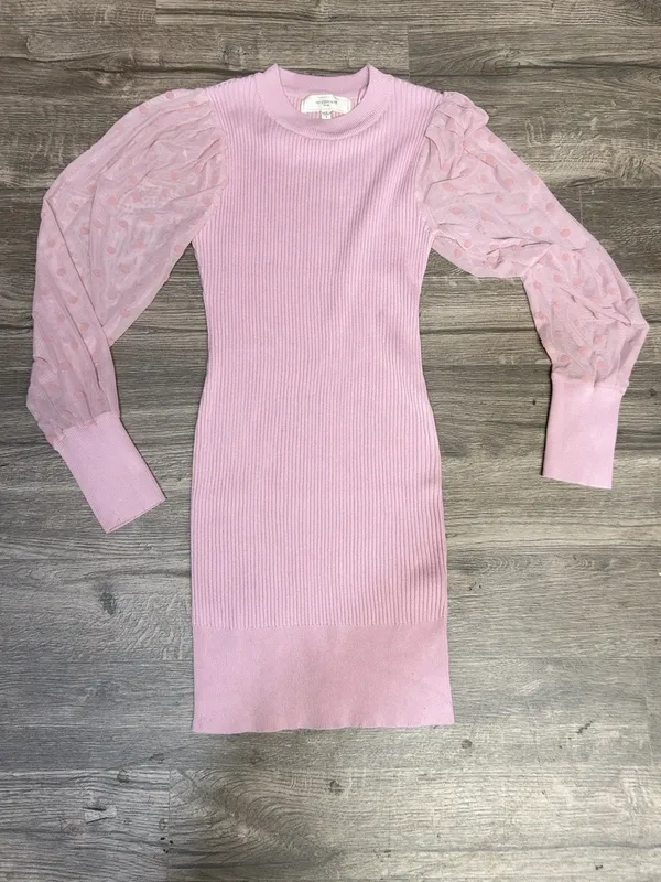 No Comment NY-LA Pink Ribbed Bodycon Sweater Dress Sheer Polka Dot Puff Sleeves - Image 3