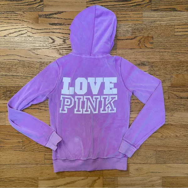 VICTORIAS SECRET PINK Terrycloth Full Zip Hooded Sweatshirt Logo Y2K Purple XS - Image 2