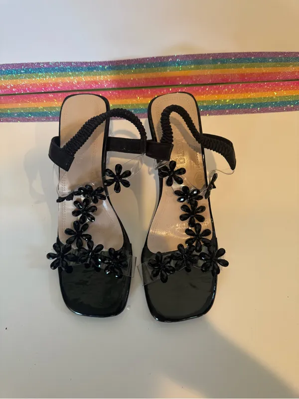 Black Floral Embellished Clear Block Heel Sandals - Image 4