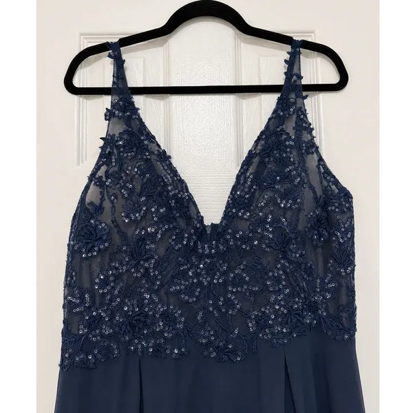 JJs House Navy Lace Chiffon Formal Gown High Slit Adjustable Straps Maxi Dress - Image 3