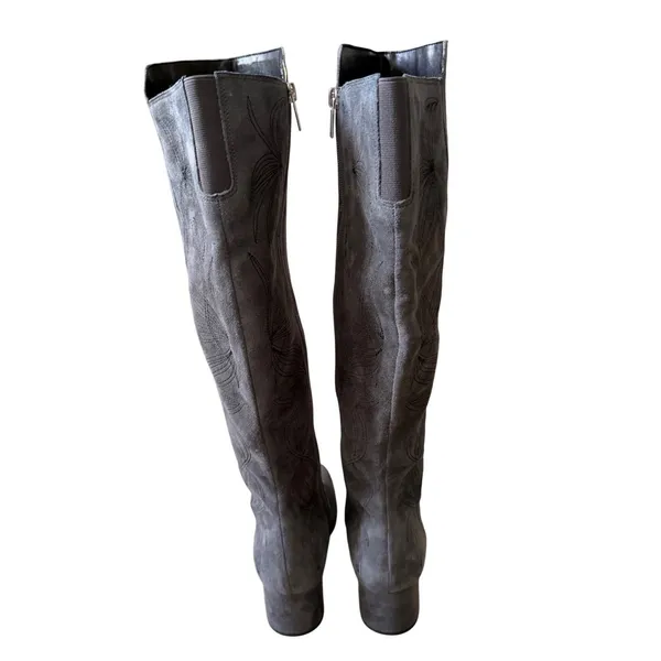 Marc Fisher LTD Grey Suede Embroidered Over The Knee Boots Block Heel Size 7M - Image 5