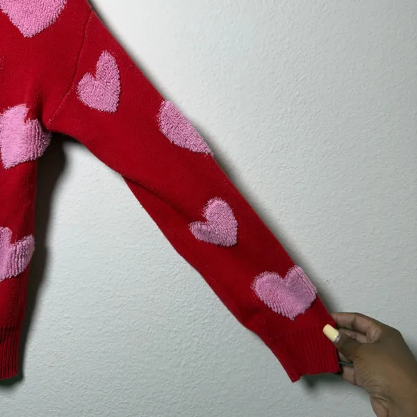 33 Degrees Women Novelty Cardigan Sweater XS Pink Hearts V-Neck Oversized Casual - Image 3