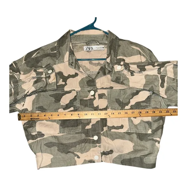 Zara Green Camo‎ Linen Blend Cropped Jacket, Womens Medium - Image 8