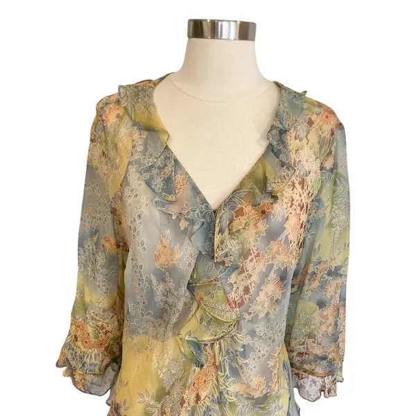 Y2K Silk Floral Ruffle Blouse Fairycore Sheer Top - Image 3