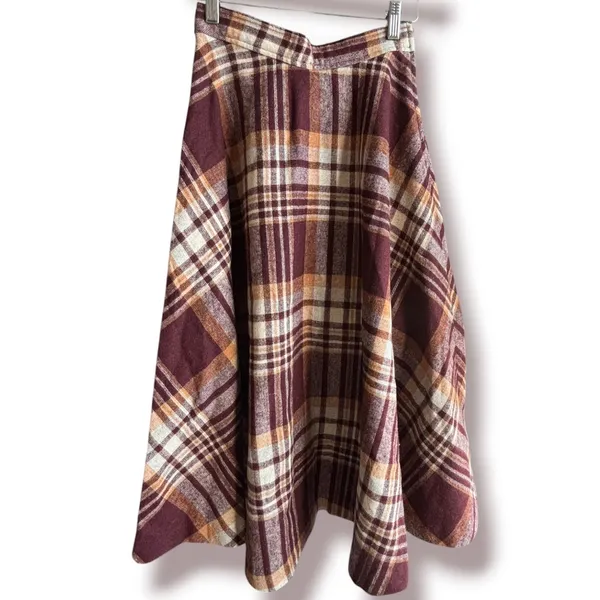 Vintage 70s Plaid Wool Blend Midi Skirt Burgundy Tan A Line AcademiaHeritage - Image 4