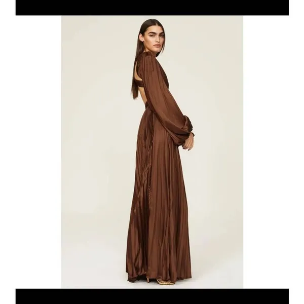 Ieena for Mac Duggal Brown Long Sleeve Pleated Full Skirt Cut Out Sides Gown 6 - Image 13