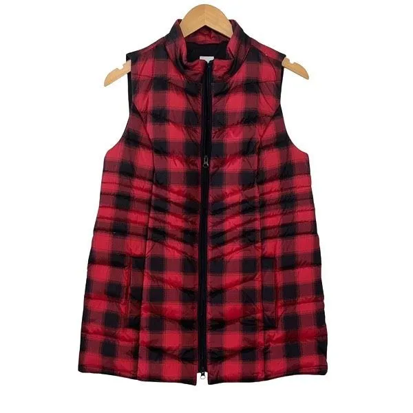 J. Jill Womens Buffalo Plaid Full Zip Quilted Puffer Long Down Vest Red Black XS - Image 2