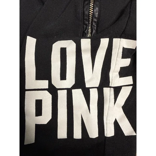 PINK Victoria's Secret Black‎ Joggers Faux Leather Trim Love Pink Graphic Small - Image 3