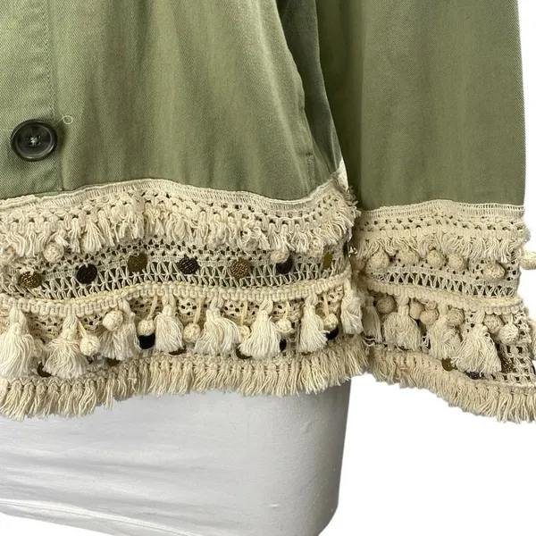 Zara Green Crochet Fringe Trim Button Front Pockets Long Sleeve Jacket Size XS - Image 3