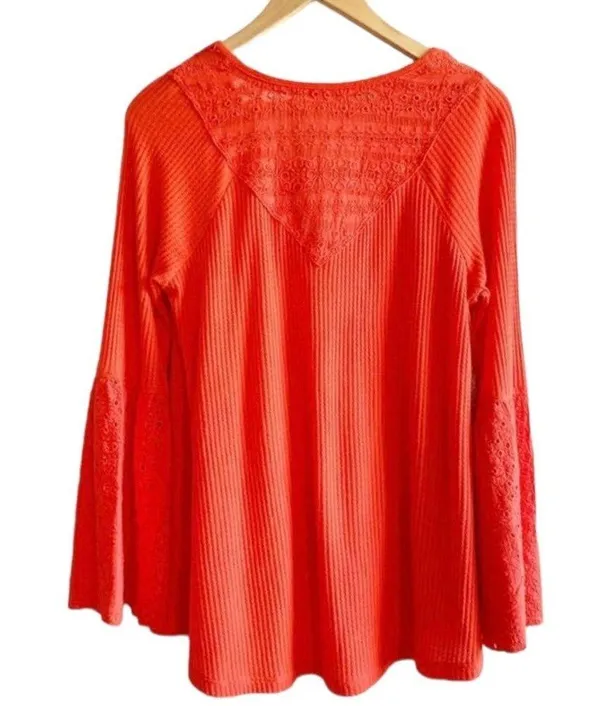 Free People NWT Boho Bell Sleeve Waffle Textured Blouse Orange Parisian Size XS - Image 2