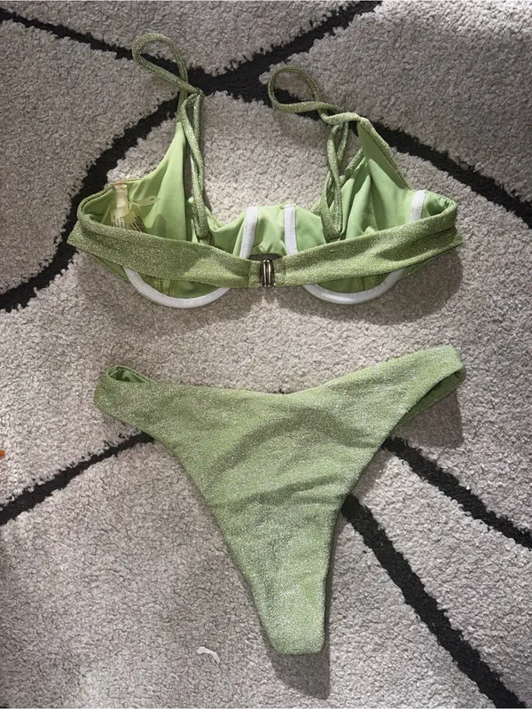 Lulus Heat Wave Light Green Sparkly Underwire Bikini Set - Image 8