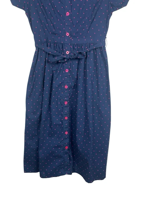 Vermont Country Store S Navy Pink Polka Dot Shirt Dress Cotton Tie Waist Cottage - Image 5