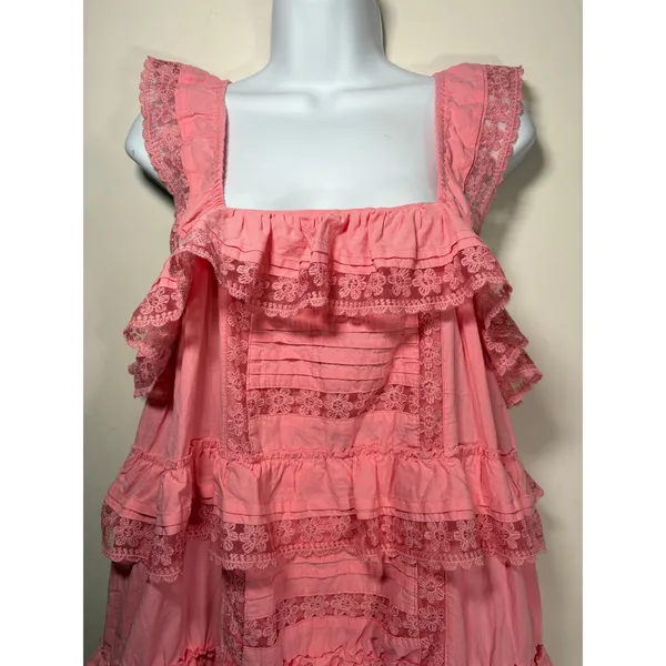 Unbranded Tiered Ruffle Mini Dress Pink Lace Trim Cotton Romper Small - Image 2