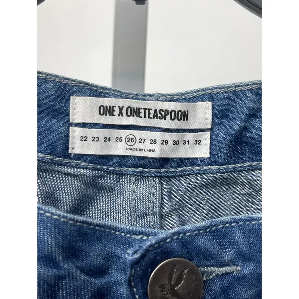 One Teaspoon Sz 26 Libertine High Waist Wide Leg Two-Tone Raw Hem Blue Jeans - Image 2