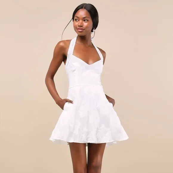 NEW Lulus Bonni White Floral Jacquard Halter Mini Dress Sz XL - Image 5