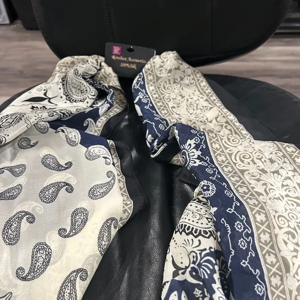 100 % silk Paisley Scarf in Navy & Cream - Image 3