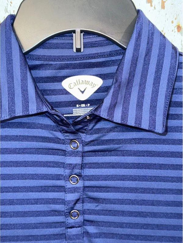 Callaway Polo Shirt Top Snap Button Women’s small Short Sleeve Striped Blue - Image 3