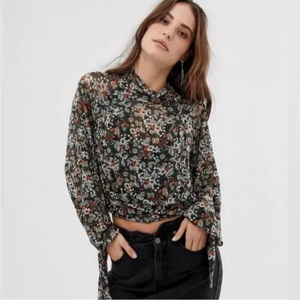 Free People All Dolled Up Mesh Long Sleeve Cropped Floral Top Blouse Green Small - Image 14