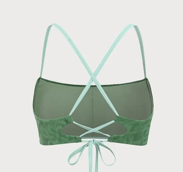 BERLOOK Dark Green Jacquard X Cross Bikini TOP ONLY 32 - Image 8