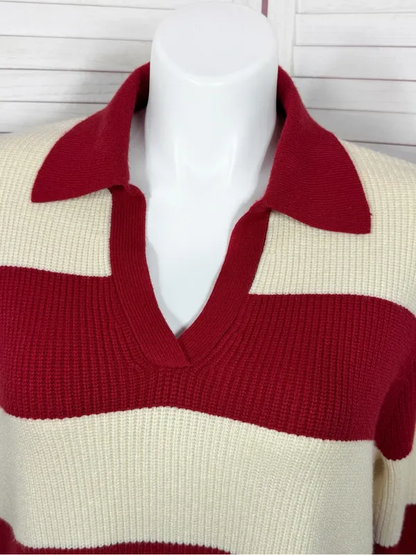 A New Day Rugby Stripe Polo Collar‎ Oversized Sweater Cream Red Large Preppy - Image 6