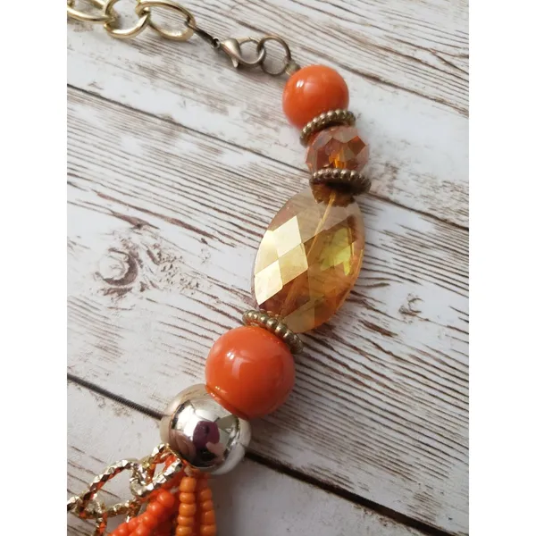 Vintage Necklace Orange & Gold Tone Multi Layer Statement Necklace - Image 5