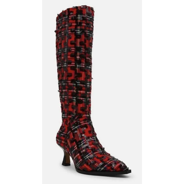 Betsey Johnson Women's Pamella Red/Black Plaid Sequin Knee High Boots Size 7.5 - Image 2