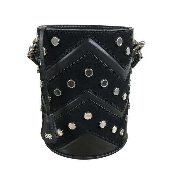 SALAR Italian Leather Studed Bucket Handbag Black Boho Luxury Rare Made In Italy - Image 8