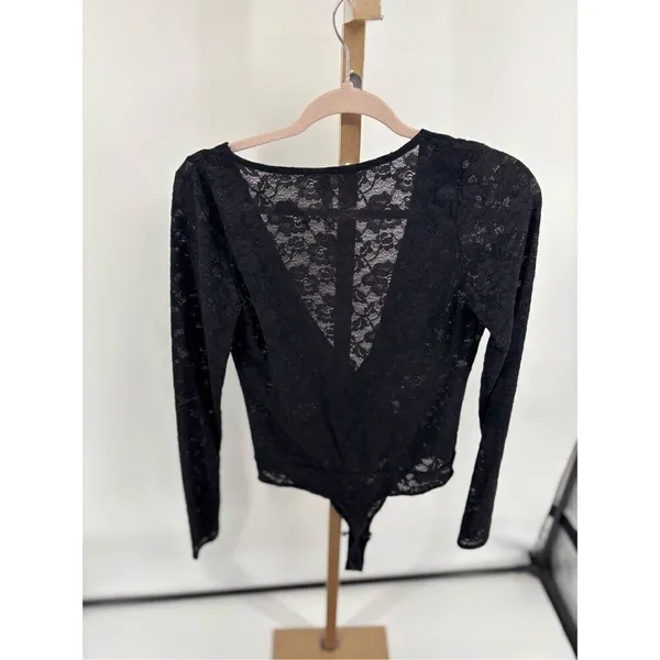 Free People Intimately Lace Wrap Bodysuit Black Long Sleeve Thong M - Image 7
