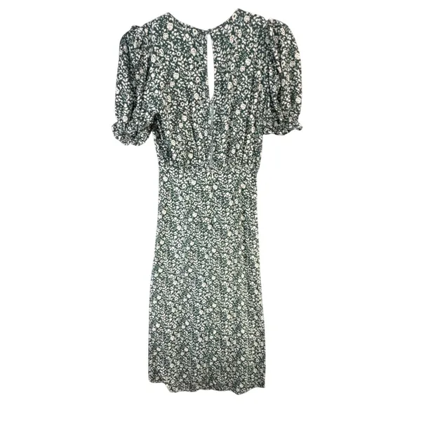 Zara Floral Green‎ Gathered Midi Dress V-Neck Puff Sleeve Cottagecore Prairie XS - Image 4