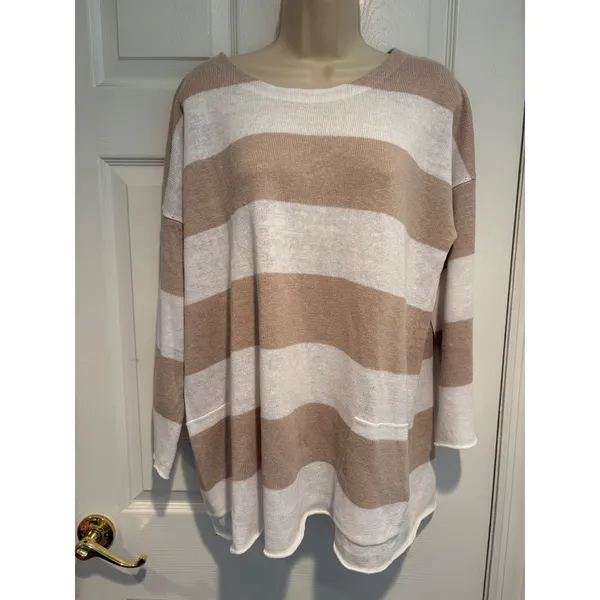 Eileen Fisher Organic Linen Striped Sweater Tan White Large S18SVD Pockets - Image 2