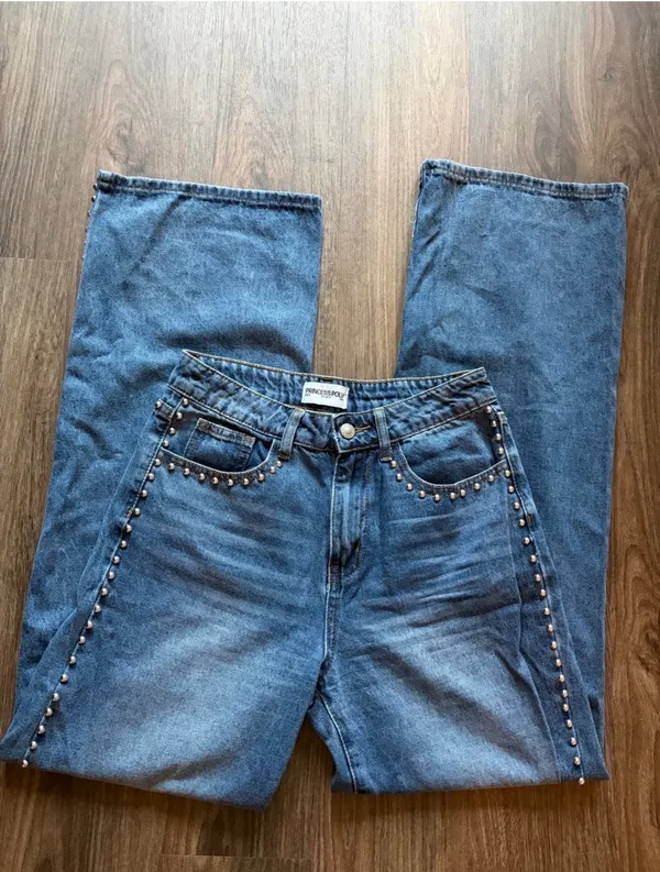 Princess Polly Saving Up Mid Rise Straight Leg Studded Jeans Mid Blue - Image 3