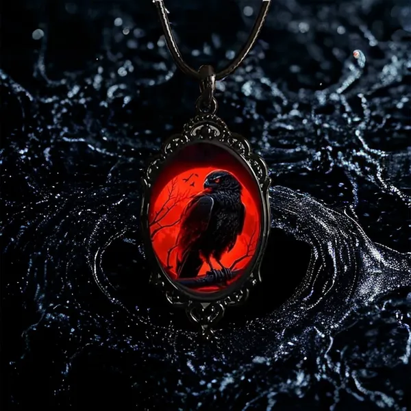 Red Moon Eagle Cameo Necklace Gothic Style Glass Pendent Choker Mystic Witch Jew - Image 5