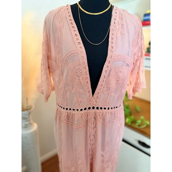 Blush Pink Lace Romper Maxi Dress Deep V Neck Floral XL - ELETER - Image 4