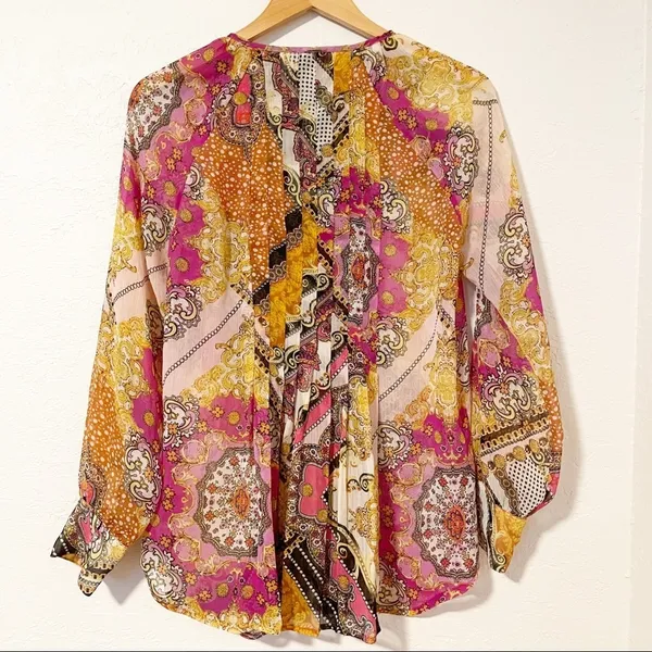 V Cristina Abstract Sheer Blouse Size Medium Multicolor​‎ Yellow - Image 2