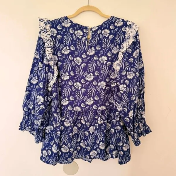 Universal Threads Blue Floral Puff Sleeve Ruffle Babydoll Blouse Cottage Top XXL - Image 3