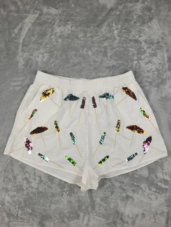 Queen of Sparkles 2 Piece Crop Top Shorts Set White Sequin XL Coctail Umbrellas - Image 11