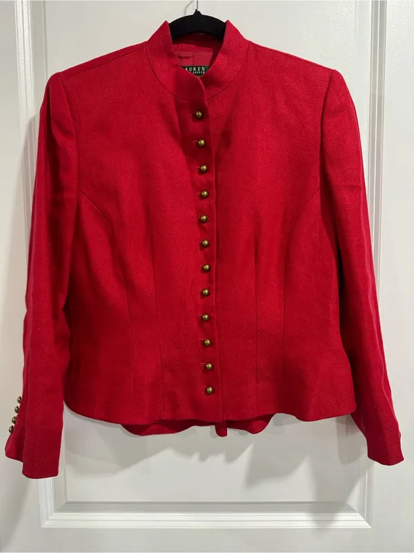 LAUREN Ralph Lauren Red Linen Military Jacket Mandarin Collar Brass Buttons Sz 6 - Image 2