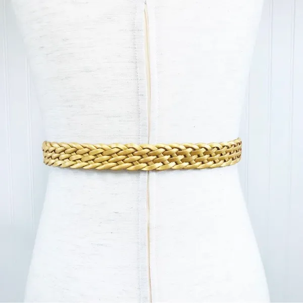 VINTAGE 90s Gold Metallic Woven Leather Belt Braided‎ Y2K Retro Medium Large - Image 3