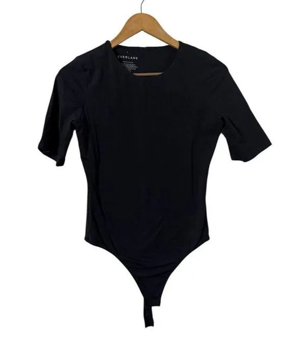 EVERLANE The Short Sleeve Crew 3/4 Black Bodysuit Top - Image 3