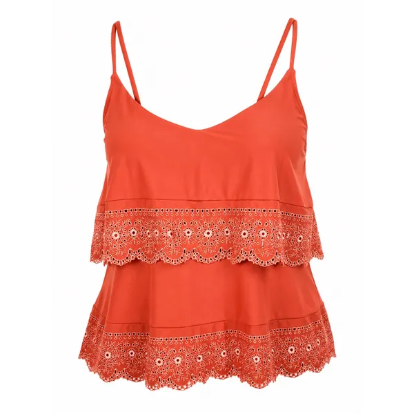 Women’s Tankini Swim Top Coral Pink Eyelet Lace Ruffle Padded Strappy 14” - Image 2